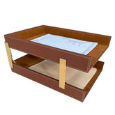 Rustic (Sienna) Brown Leather Letter Tray, Legal, Stacking Set, Gold